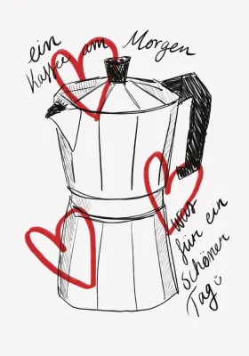 Handgetekende minimalistische koffieillustratie in zwart-wit met rode accenten, verticale compositie voor keukenwanddecoratie