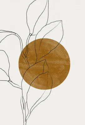 Verticale minimalistische lijntekening van bladeren met aardse bruine en gouden lijnen op witte achtergrond