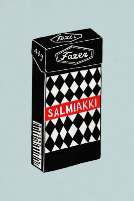 Verticale illustratie van salmiakki in een vintage keuken, levendige kleuren en retro stijl