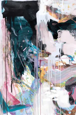 Verticale abstracte outdoor illustratie met rijke acrylverf textuur en kleurrijke lagen