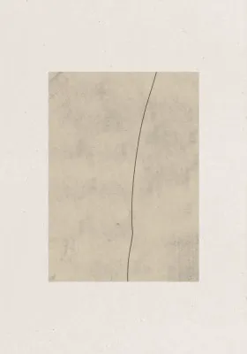 Verticale minimalistische illustratie met zachte beige tinten en abstracte gebogen lijnen in een buitenruimte