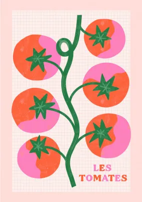 Verticale illustratie Les Tomates met tomaten en bloemen op Franse fruitmarkt
