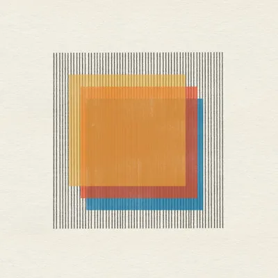 Vierkante abstracte illustratie met geometrische patronen in oranje, blauw en geel