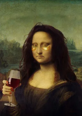 Verticale illustratie van een vermoeide vrouw met rood wijnglas, vintage Mona Lisa stijl