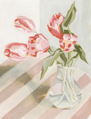 Verticale illustratie van een vaas met zachte, delicate tulpen in natuurlijke kleuren