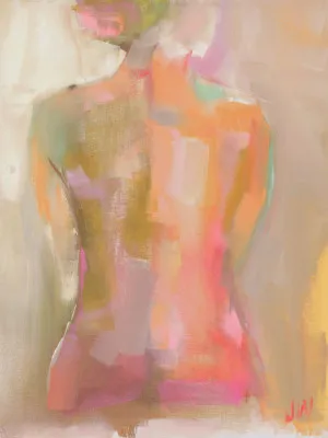 Verticale illustratie van een vrouw gezien van achteren in een pastelkleurige buitenomgeving