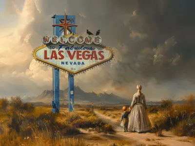 Horizontale illustratie van een surrealistisch landschap met stormwolken, bergen en neon casinoteksten in Vegas stijl