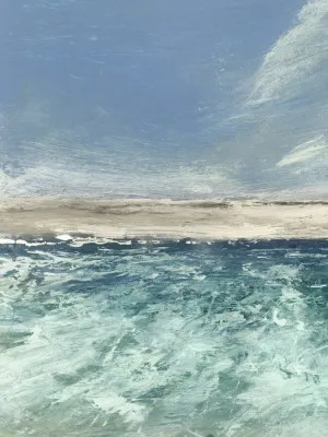 Verticale abstracte illustratie van een oceaanlandschap met golven, wind en blauwe tinten