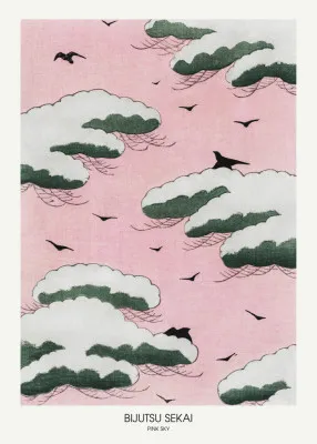 Verticale illustratie van pink sky met roze lucht, vogels en wolken in vintage japandi stijl