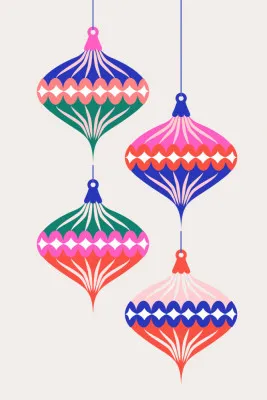 Verticale illustratie van een buiten kerstscène met warme lichtjes en winterse kleuren in de avond