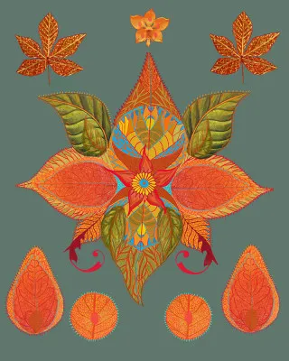 Verticale abstracte illustratie van levendige oranje en turkooizen bladeren in geometrische patronen