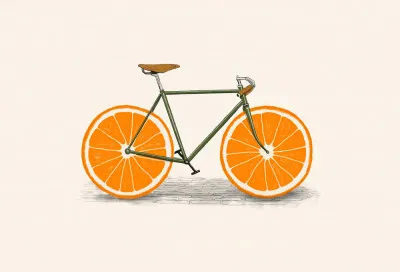 Horizontale illustratie van oranje vintage fietsen en fruit op witte achtergrond