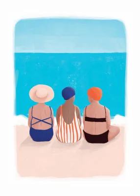 Illustratie van mensen die ontspannen op het strand met blauwe tinten en zomerse hoeden aan de kust