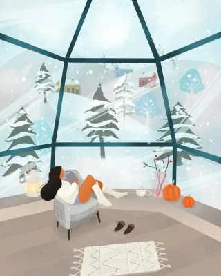 Verticale illustratie van een winter wonderland met sneeuw, iglo, vrouw met boek en thee in een knusse Finse omgeving