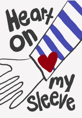 Verticale illustratie Emotionally Bold met rode en blauwe strepen, handen en grafische typografie op witte achtergrond