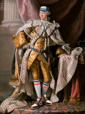 Verticaal portret van een koning met hoed en sneakers in een kleurrijke urban setting, mix van neoklassiek en street art