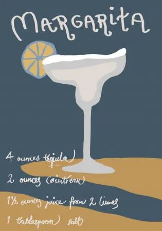 Verticale illustratie van een margarita cocktail in een kleurrijke buitenomgeving met citrus en grafische details