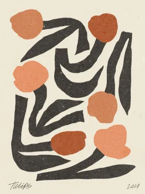 Verticale abstracte illustratie van oranje tulpen in buitenlucht met lichte charcoal en beige tinten