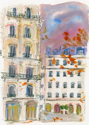 Paris street corner with purple sky