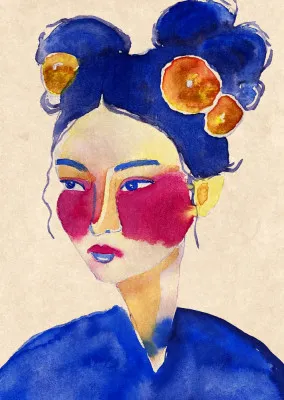 Verticale aquarelillustratie van een Asian girl met blauwe en rode accenten in een natuurlijke, minimalistische stijl