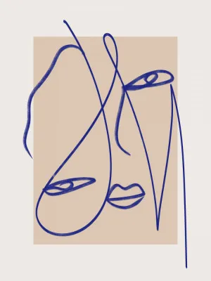 Verticale abstracte blauwe lijntekening van gezicht en mensen in buitenlucht met beige achtergrond