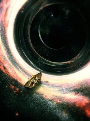 Verticaal surrealistisch kunstwerk 'Lost sailor' met astronaut in boot onder sterrenhemel en kosmische elementen