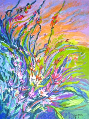 Verticale kleurrijke abstracte bloemenillustratie met expressieve penseelstreken en botanische elementen