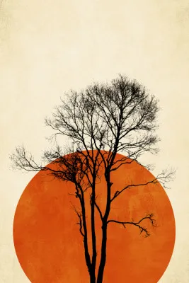 Verticale illustratie van een eenzame boom in oranje zonsondergang met natuurlijke silhouetten en texturen