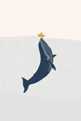 Verticale illustratie van een blauwe vinvis als zeilboot op water met dolfijnen en natuur