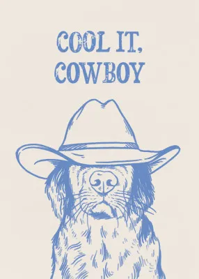 Verticale illustratie van een hond met cowboyhoed in blauwe tinten, vintage en minimalistische stijl