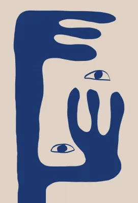 Verticale abstracte illustratie van een gezicht met blauwe en geometrische vormen, moderne wanddecoratie