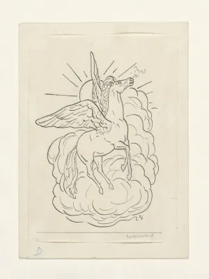 Verticale illustratie van Pegasus met vleugels vliegend voor een kleurrijke wolkenlucht in buitenlucht