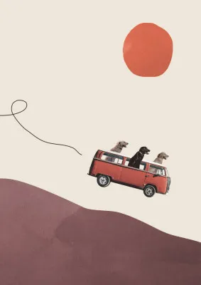 Illustratie van vrolijke honden in een klassieke Volkswagenbus rijdend over een heuvel in een kleurrijk buitenlandschap