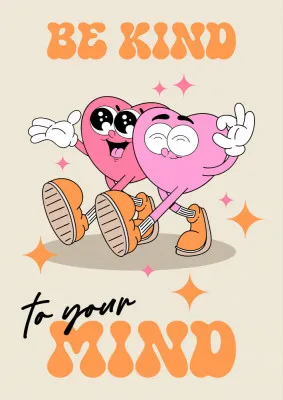 Verticale illustratie van kawaii karakters en hartjes in een speelse buitenomgeving