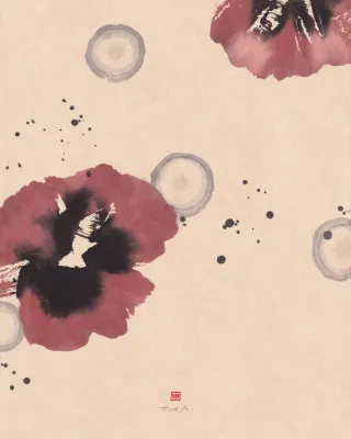 Verticale minimalistische aquarel illustratie van rode bloemen en abstracte inktvlekken met Japanse inspiratie