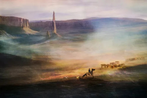 Horizontale foto van koeien, ruiters en honden migrerend door droge zandduinen in de badlands van Utah