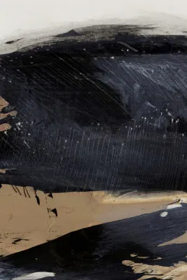 Verticale abstracte interieurillustratie in zwart, bruin, beige en goud met handgetekende penseelstreken