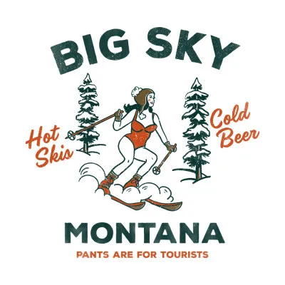 Vierkante illustratie van mensen die buiten genieten tijdens après-ski in Big Sky Montana met humoristisch ski thema