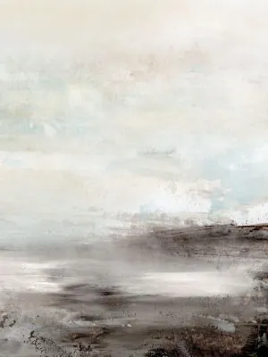 Verticaal abstract kustlandschap met mist, zachte beige tinten en geometrische penseelstreken