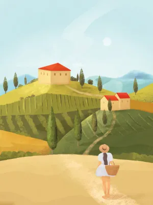 Verticale illustratie van een groen Toscaanse landschap met velden, boerderijen en Italiaanse dorpjes
