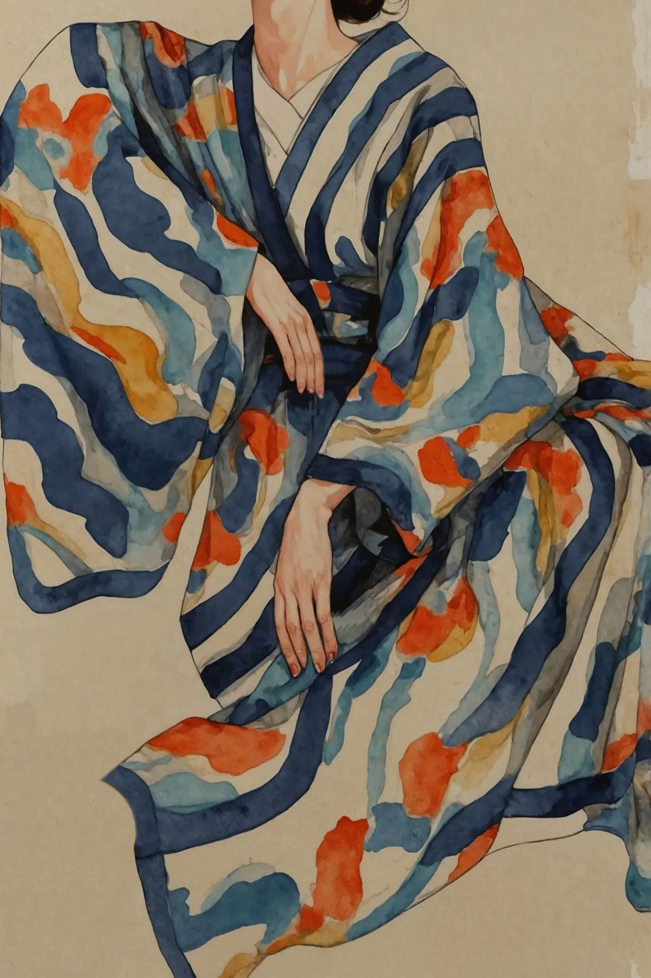 Flowing kimono patterns in serene blauw en oranje