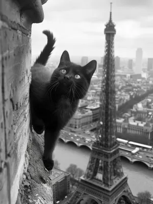Verticaal kunstwerk van kat in zwart-wit met Parijse gebouwen en de Eiffeltoren op de achtergrond
