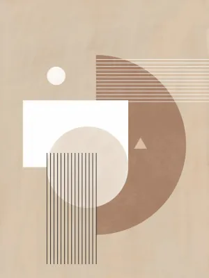 Verticale minimalistische poster met neutrale halve cirkels en lijnen in beige, bruin en wit