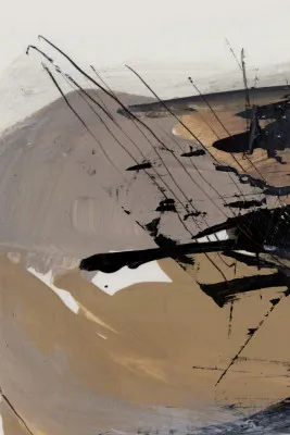 Verticale abstracte illustratie met acrylverf in bruine, beige, zwarte en witte tinten en expressieve penseelstreken