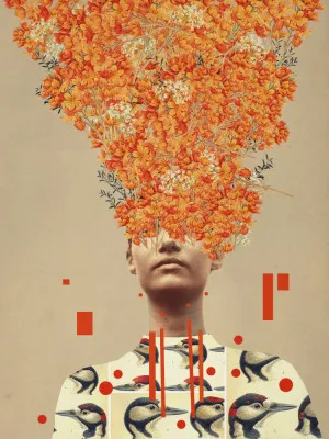 Verticale illustratie van een vrouw en vogels in vlucht met oranje herfstbloemen en een beige achtergrond