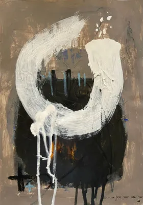 Verticale abstracte illustratie van een buitenlandschap met bruine en beige penseelstreken