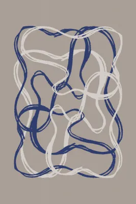 Verticale abstracte illustratie met blauwe en witte lijnen, grafische penseelstreken en organische vormen