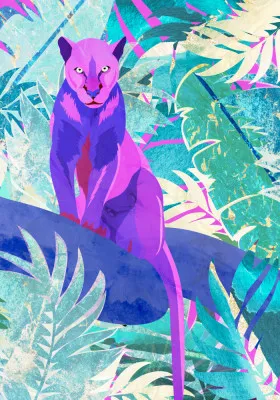Illustratie van een roze panter in een groene, turkooizen en magenta tropische jungle zonder mensen