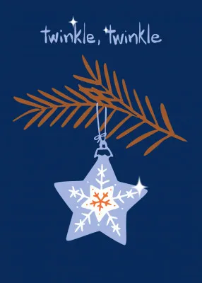 Verticale illustratie van blauwe kerstster tussen dennetakken en sneeuwvlokken in winters, Scandinavisch design