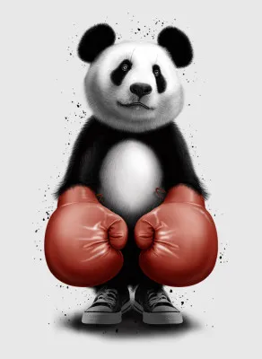 Verticale illustratie van een panda met bokshandschoenen in sportieve pose op lichte achtergrond
